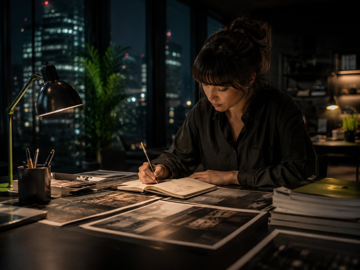 Designer developing a visual system in a night studio